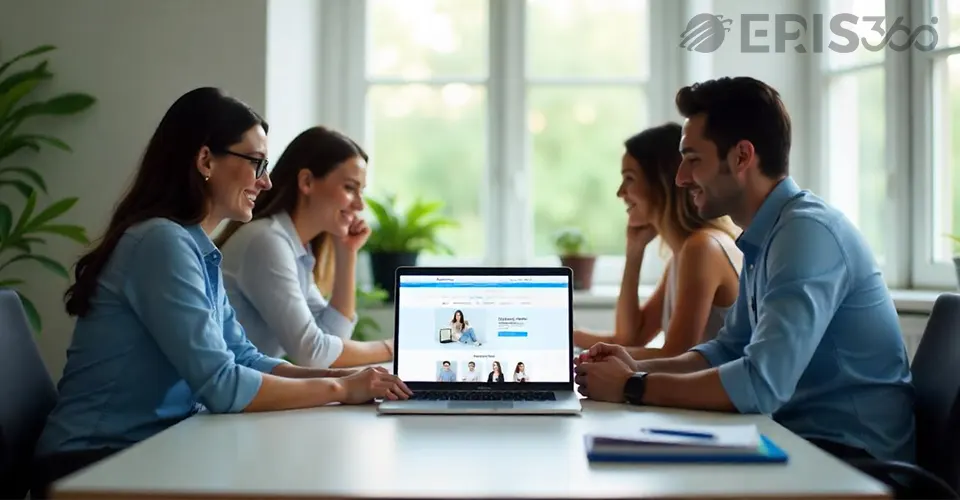 A professional business meeting discussing digital transformation strategies, with Eris360 branding.