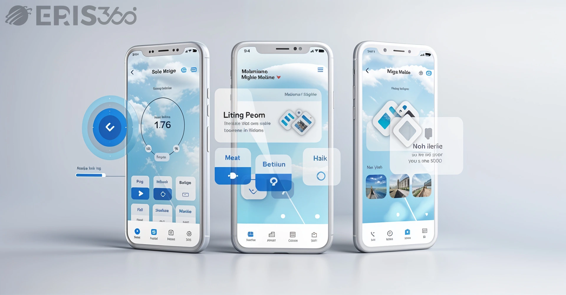Futuristic mobile app interface with interactive UI elements