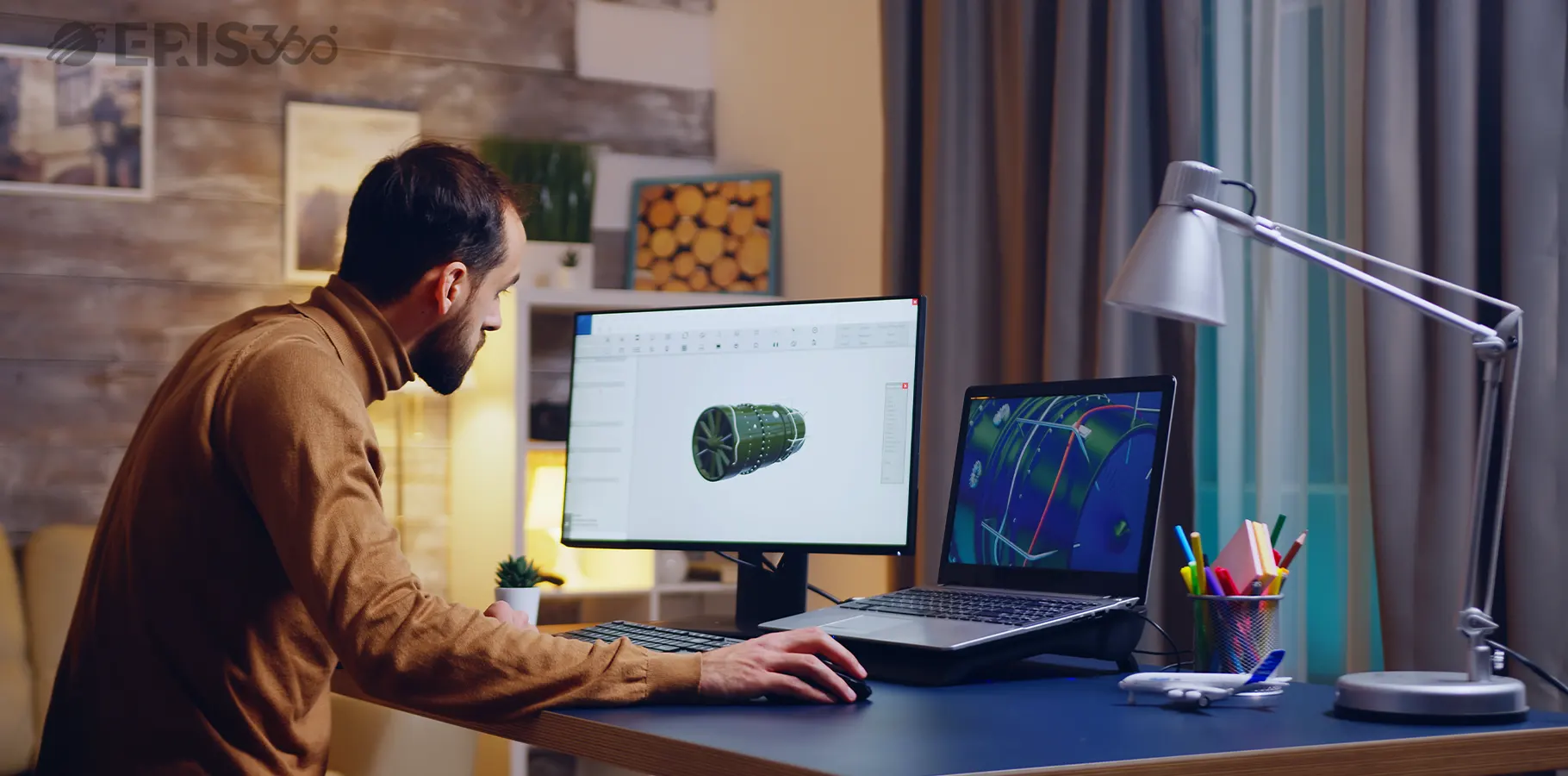 3D modeling and simulation at a dual-monitor setup