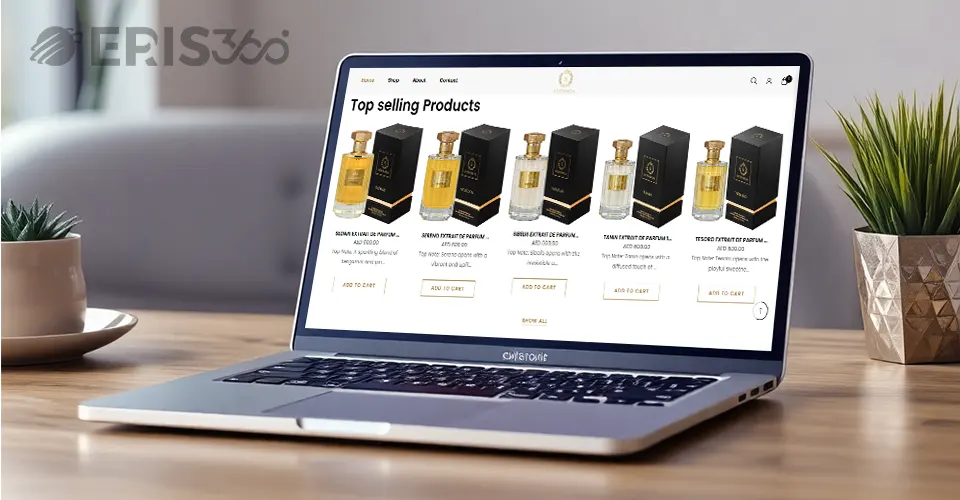 displaying an e-commerce website for premium perfumes, with the Eris360 branding