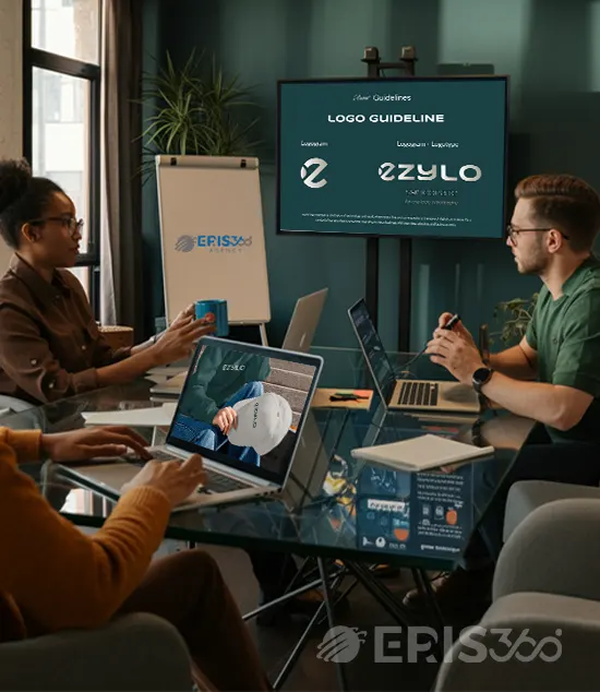 Brand strategy meeting at Eris360, discussing logo guidelines for Ezylo.
